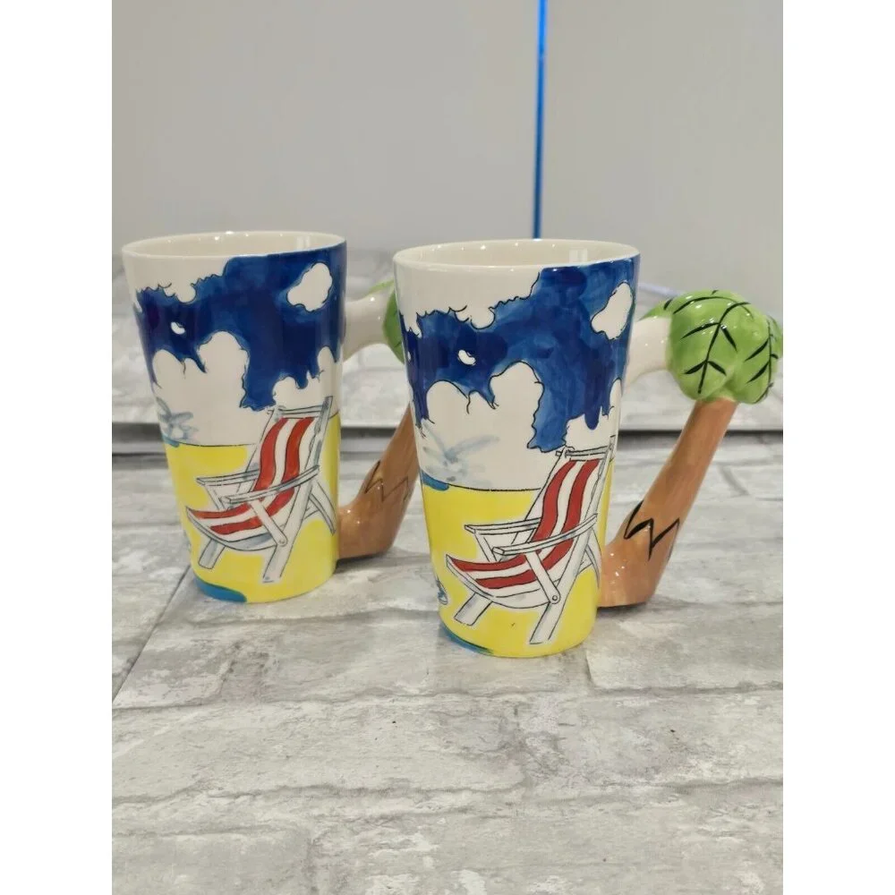 Lot of 2 Mugs Florida Marketplace‎ Painted Beach Theme Palm Tree Handles 2004